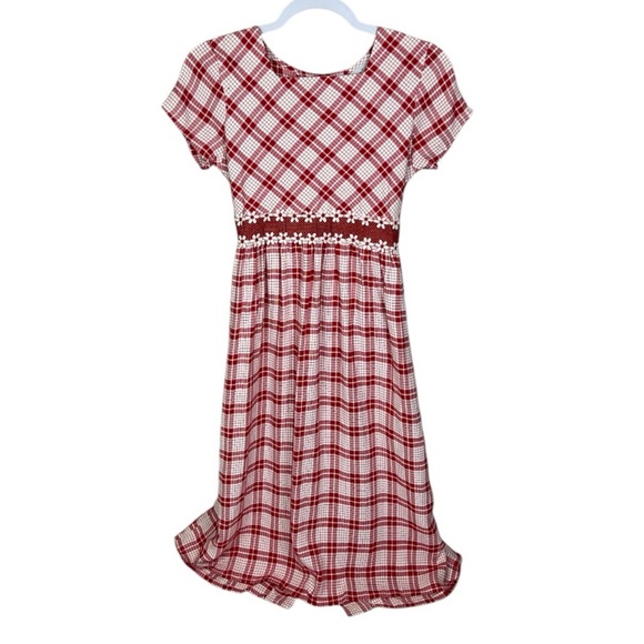 Rare Editions Girls Red Gingham Plaid Dress with Floral Waist Trim Size 14